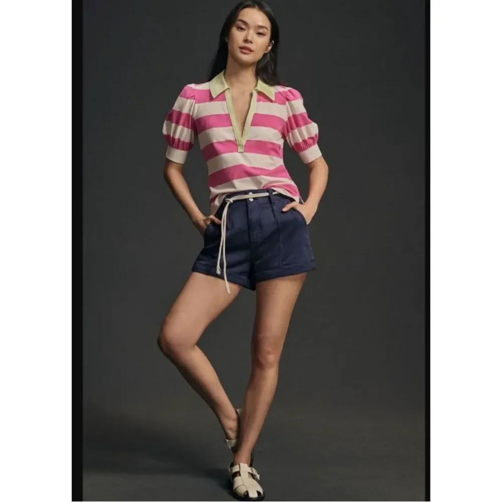 Anthropologie Maeve Rugby Stripe Puff Sleeve Polo Top Women's Small Pink White
